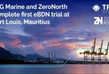 Professionals use a tablet for e-BDN in a Mauritius port, symbolizing digital bunker delivery.