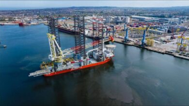 Cadeler's Wind Ally and Wind Orc vessels install offshore wind farm foundations.