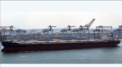 The bulk carrier Pacific Century navigates near a port wharf.