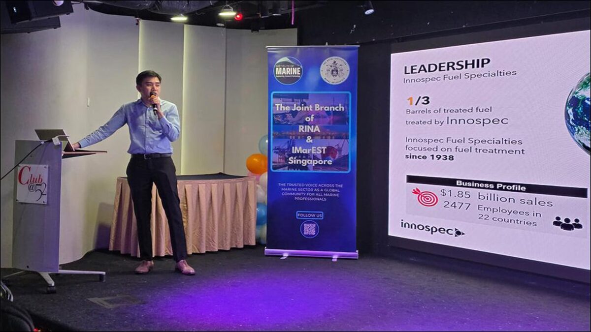 Speaker presenting at the Innospec technical talk in Singapore, discussing bunker fuel.