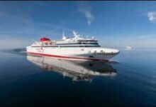 A modern Destination Gotland ferry sails on open water, powered by BioLNG.