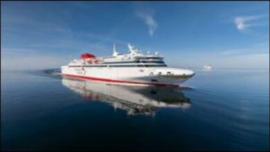 A modern Destination Gotland ferry sails on open water, powered by BioLNG.
