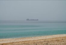A large container ship sails through calm blue waters, representing Strait of Hormuz shipping.