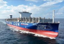 The CMA CGM Antigone, a large methanol-fuelled container ship, sailing on calm waters.