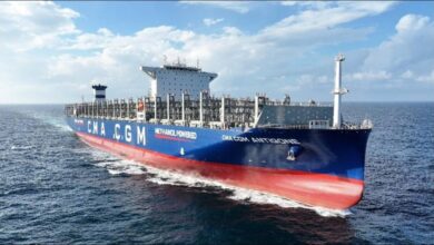 The CMA CGM Antigone, a large methanol-fuelled container ship, sailing on calm waters.