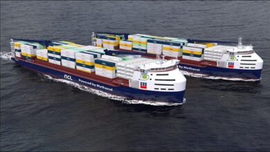 Illustration of a modern container ship, representing new vessel orders.