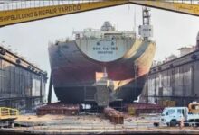 A large vessel undergoing sustainable ship recycling at the ASRY shipyard.