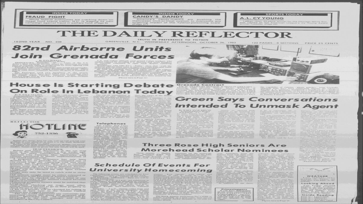 Front page of the Daily Reflector, October 26, 1983, showing 'Mash Makes' executive story.