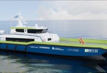 A modern AI-designed crew transfer vessel (CTV) for offshore wind operations.