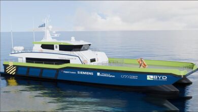A modern AI-designed crew transfer vessel (CTV) for offshore wind operations.