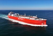 The EPS Very Large Ammonia Carrier (VLAC) sails on the water, newly delivered.