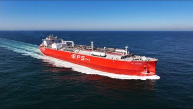 The EPS Very Large Ammonia Carrier (VLAC) sails on the water, newly delivered.
