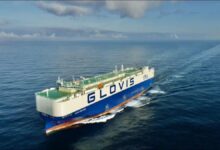 Seaspan's new LNG dual-fuel car carrier, Glovis Lighthouse, sailing on the water.