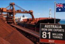 Large bulk carrier ship loading reddish iron ore at an Australian export port.