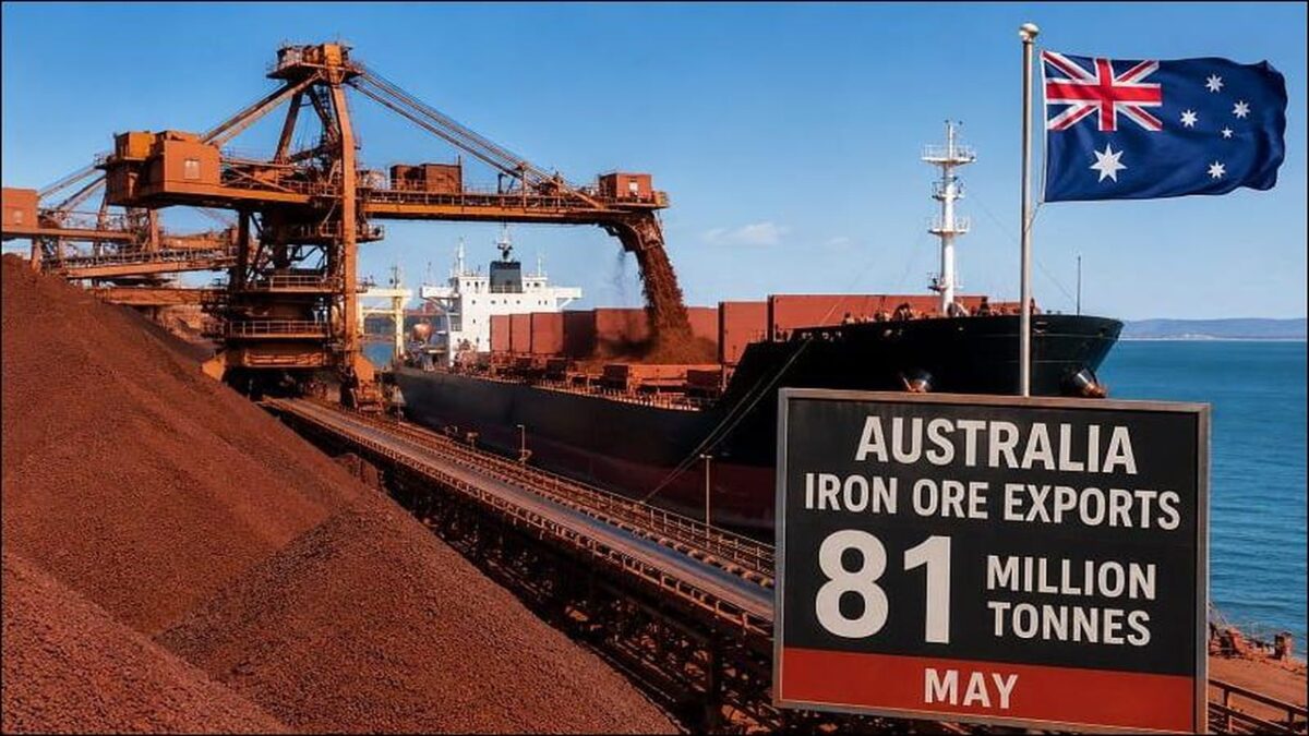 Large bulk carrier ship loading reddish iron ore at an Australian export port.