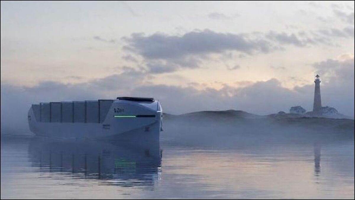 A modern electric battery-powered container vessel sailing on calm water.
