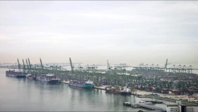 Vessels conducting rescue operations near Singapore's Pasir Panjang Terminal after a fatal collision.