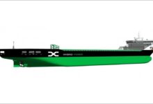 Rendering of a hybrid dry bulk cargo vessel for AtoBC Shipping at sea.