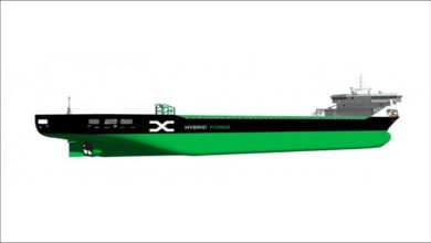 Rendering of a hybrid dry bulk cargo vessel for AtoBC Shipping at sea.