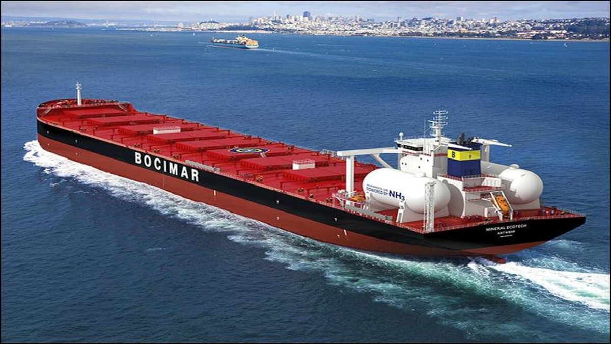 CMB.TECH's ammonia-fueled bulk carrier vessel sailing at sea.