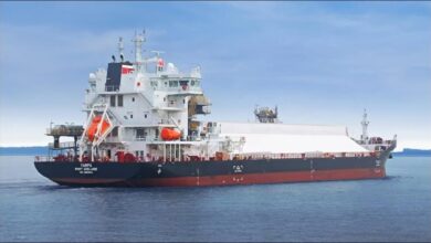 MV Yampu, the world's first battery-hybrid self-unloading bulk carrier, sailing.