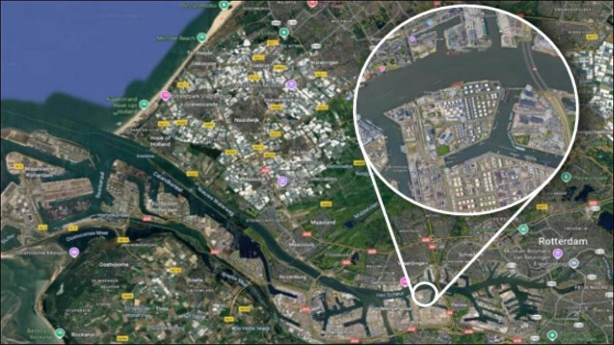 A large ship is docked at a bustling port terminal with fuel tanks, representing marine biofuel operations.