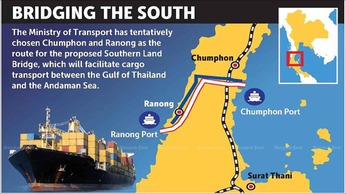 Illustrated map shows Thailand's land bridge project, bypassing the Strait of Malacca, with cargo ships.