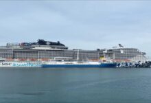 MSC Euribia cruise ship receives bio-LNG fuel delivery at Cadiz, Spain.