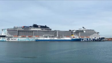 MSC Euribia cruise ship receives bio-LNG fuel delivery at Cadiz, Spain.