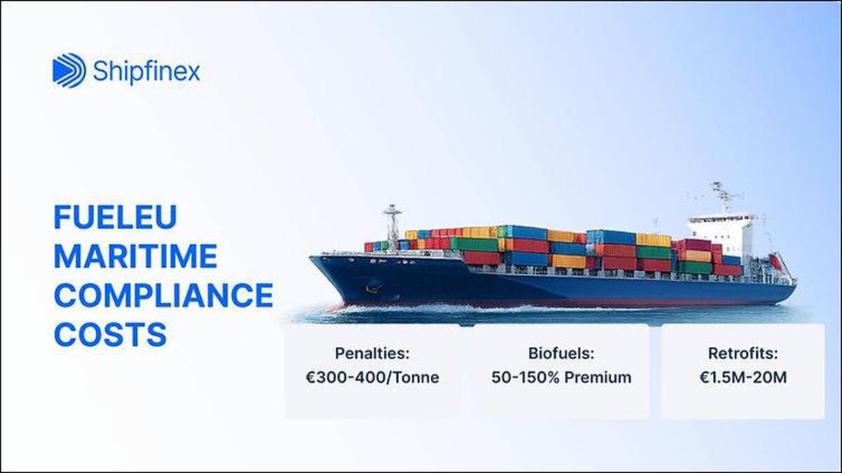 A large commercial container ship sails on the sea, relevant to maritime fuel and decarbonization.