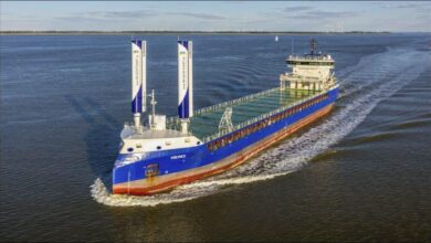 Econowind VentoFoil wind propulsion system on a vessel with DNV type approval.