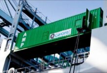 Cavotec shore power system connected to a container ship at a modern port.