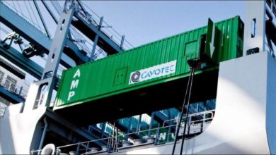 Cavotec shore power system connected to a container ship at a modern port.