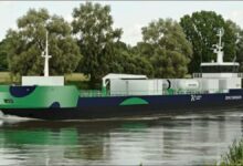 A concept design rendering of the new green methanol bunkering vessel for Klaipeda Port.