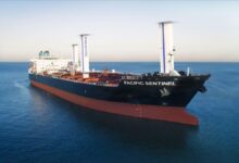 Eastern Pacific Shipping's vessel Pacific Sentinel equipped with Bound4blue eSAILs for wind propulsion.