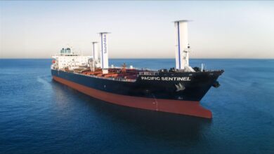 Eastern Pacific Shipping's vessel Pacific Sentinel equipped with Bound4blue eSAILs for wind propulsion.
