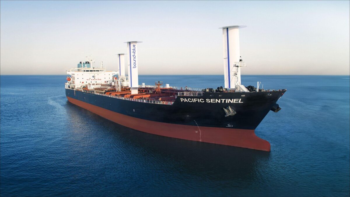 Eastern Pacific Shipping's vessel Pacific Sentinel equipped with Bound4blue eSAILs for wind propulsion.