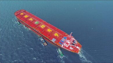 A massive Very Large Ore Carrier (VLOC) sailing on blue waters.