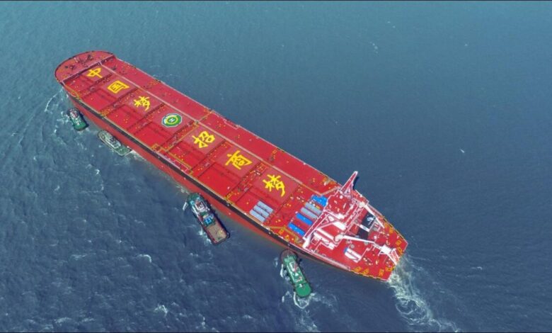 A massive Very Large Ore Carrier (VLOC) sailing on blue waters.