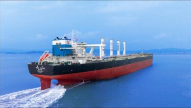 Bulk carrier sailing with multiple Anemoi rotor sails installed on deck.