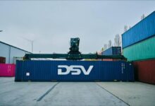 DSV Global Transport and Logistics branded shipping container.