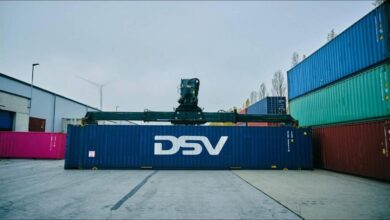 DSV Global Transport and Logistics branded shipping container.