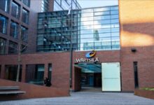 Modern Wärtsilä campus building facade in Helsinki.