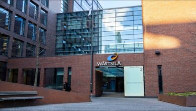 Modern Wärtsilä campus building facade in Helsinki.