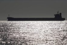 A large cargo ship sails near a port in Ukraine during the ongoing crisis.