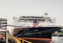 The new Texas A&M training ship TS Lone Star State is docked at its christening ceremony.