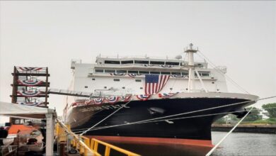 The new Texas A&M training ship TS Lone Star State is docked at its christening ceremony.