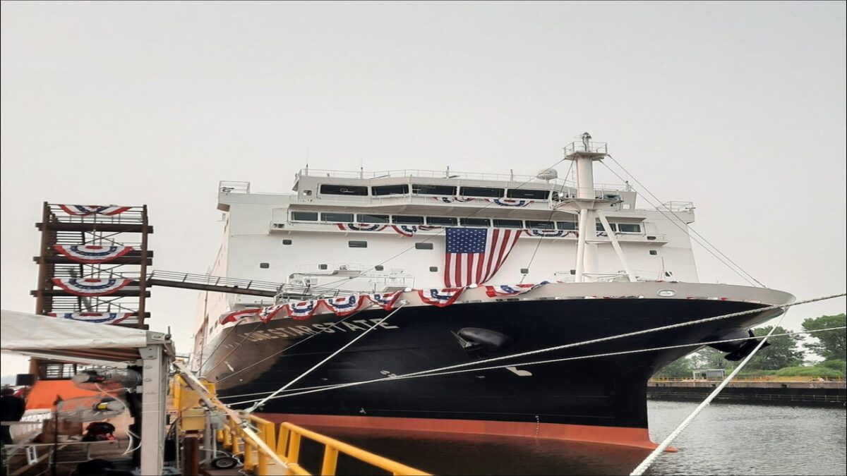 The new Texas A&M training ship TS Lone Star State is docked at its christening ceremony.