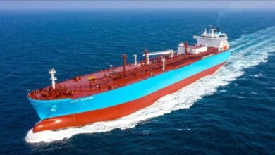 The 'Jane Maersk' Very Large Ammonia Carrier at sea, delivered to Maersk.