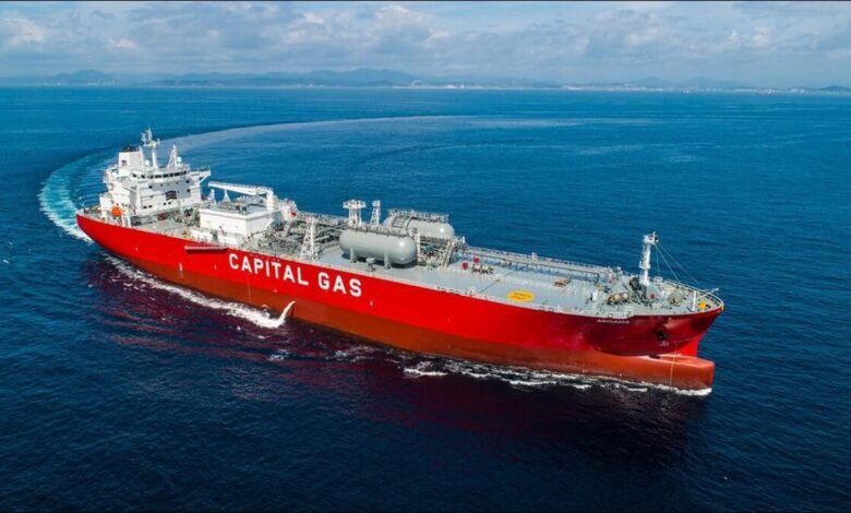 Capital Gas Ship Management's MGC Aridaios, a large dual-fuel LPG carrier, sailing at sea.